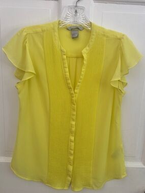 H&M Women’s Pintucked Pleated Yellow Flutter Sleeve Blouse Sheer Top, Size 8
